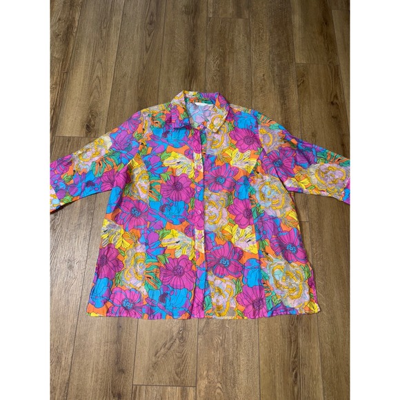 Erin London Floral Print Button Down Blouse Top Colorful 1X Plus‎ Size - Picture 1 of 6